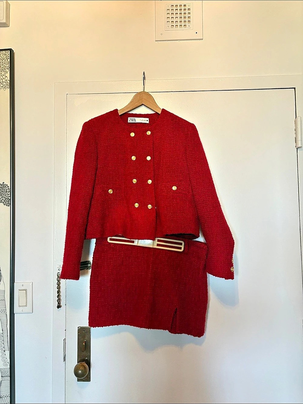 Zara Red Tweed-Textured Skirt Suit Set Like New Size L